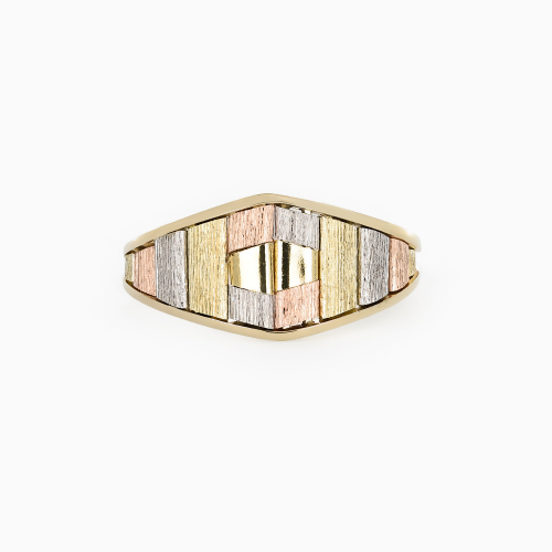 Retro Tri-Color Mosaic Inlay Ring, 14k Gold